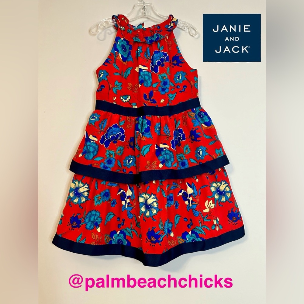 Janie & Jack Girls Resort Col. Candy Red Floral, 3 Tiered Dress S Sm $118. RARE